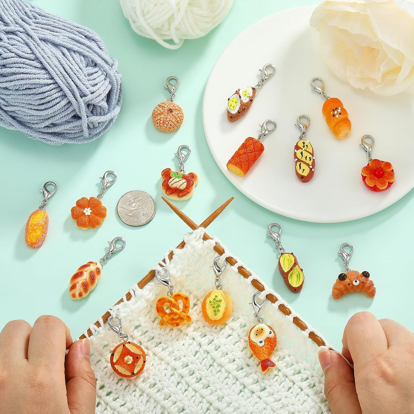BEEFLYING 16Pcs Bread Stitch Marker Charms for Crocheting and Knitting, Resin Food Style Crochet Knit Stitch Marker Pendant with Lobster Clasp for Sewing Quilting Handmade Jewelry