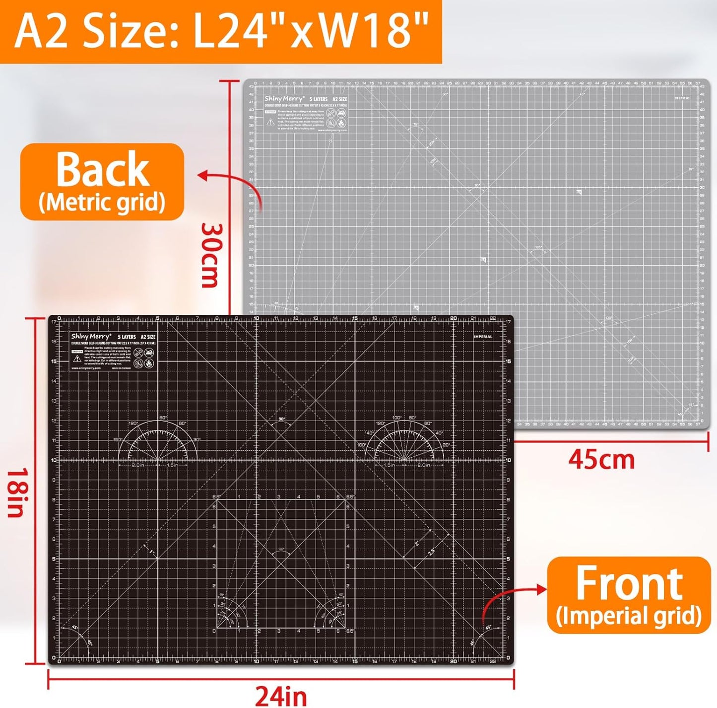 A2 Cutting Mat around 18" x 24", Self Healing Double Sided 5-Ply Mat for Crafts, Fabric, Sewing, Quilting, Workbench, Scrapbooking, Projects - Black/Gray