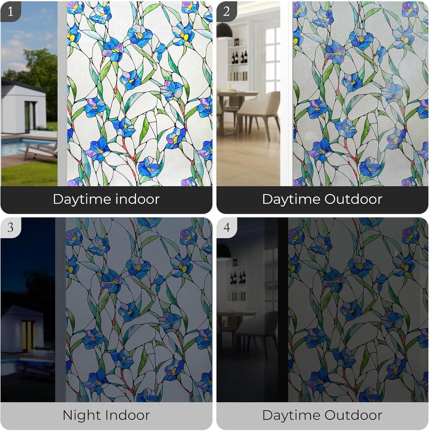 3D Stained Glass Window Film, Decorative Window Privacy Film for Bathroom,Front Door,Home, Sun Blocking Heat Control,Static Cling, Blue Eustoma 23.6inch x 35.4inch