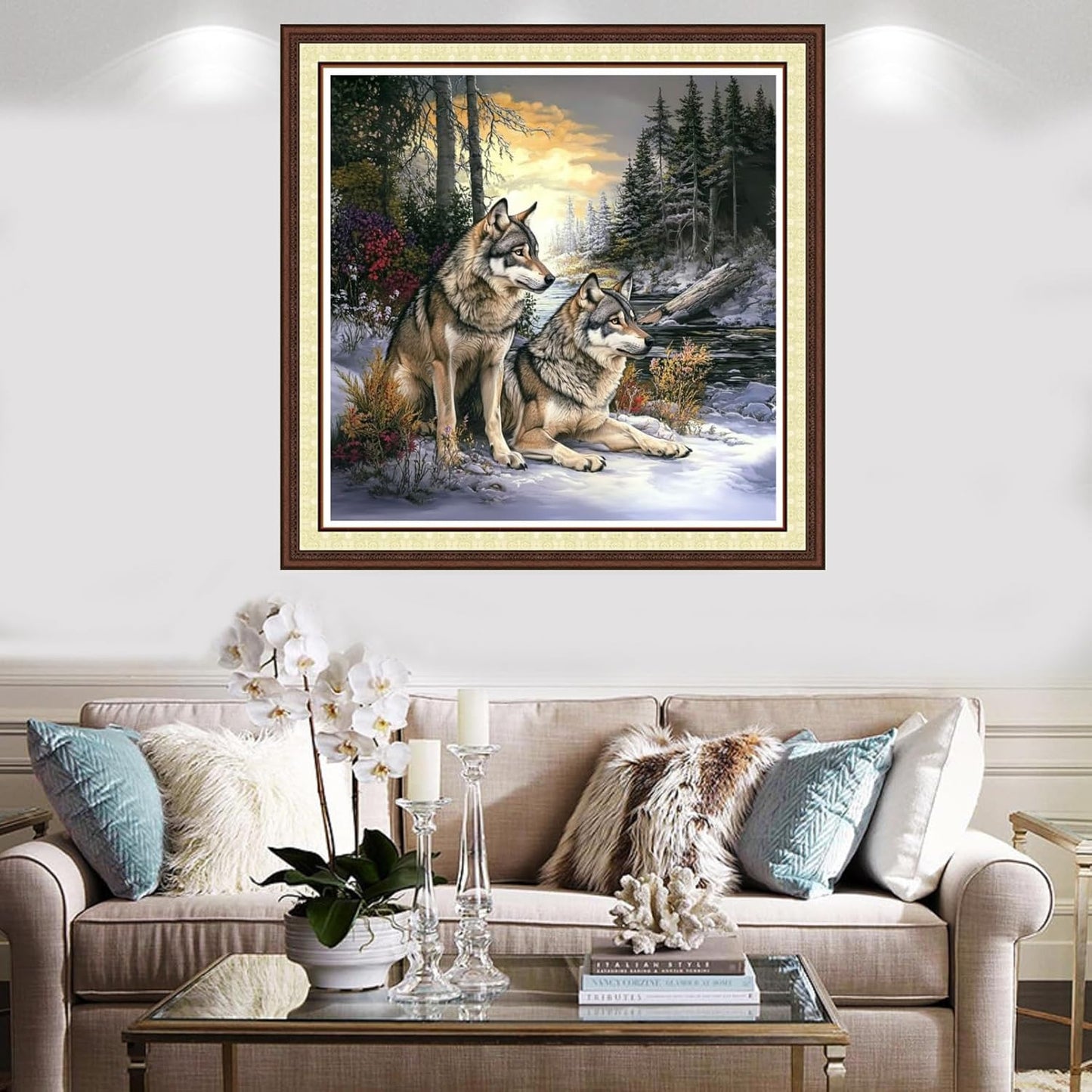Findvoor Counted Cross Stitch Kits for Adults Full Range of Cross Stitching Embroidery Unprinted Pattern for Beginners, 11CT Needlepoint Kit Patterns Embroidery Kits-Forest Couple Wolf 18x18 inch