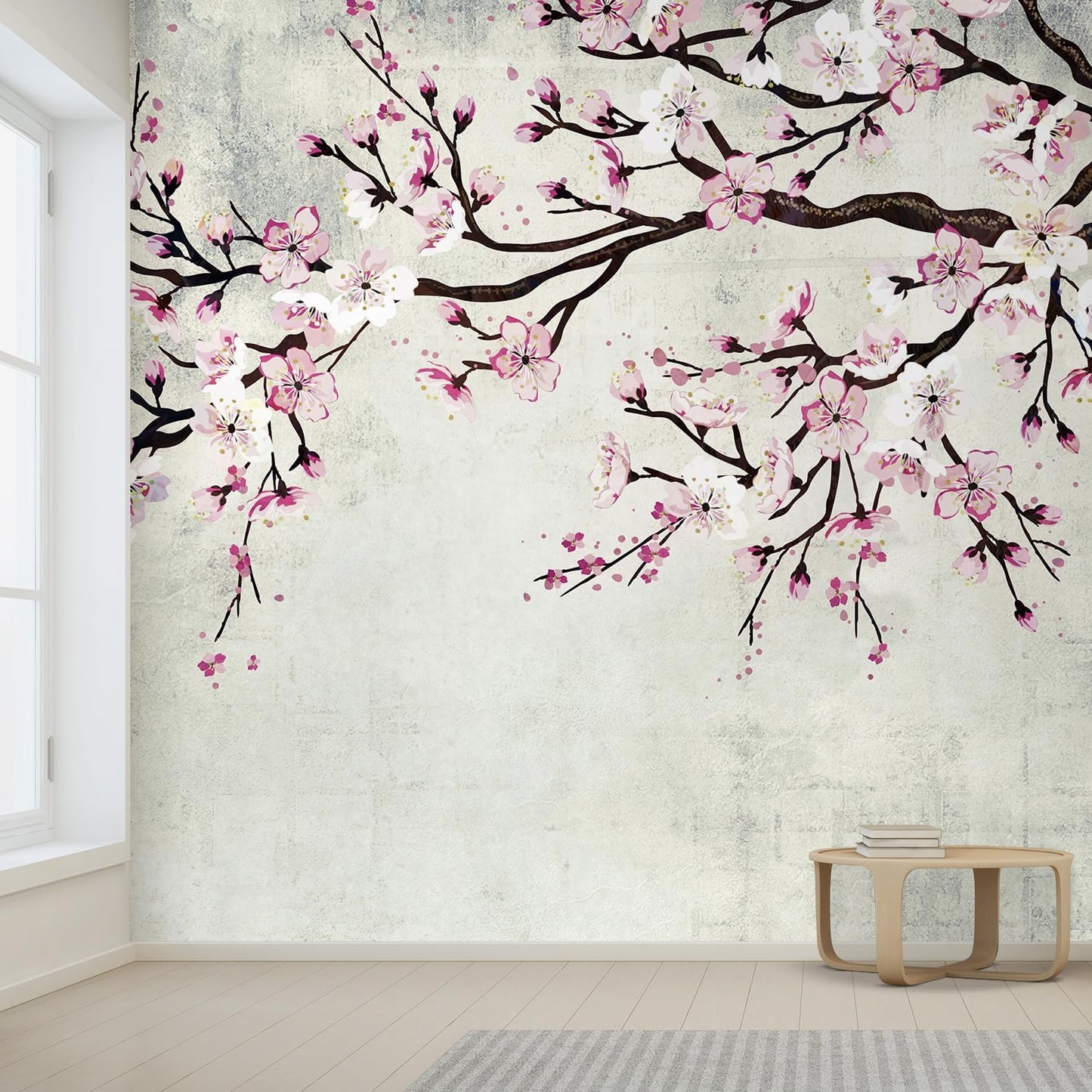 wall26 Large Wall Mural Watercolor Style Ink Painting Pink Cherry Blossom on Vintage Wall Background | Self-Adhesive Vinyl Wallpaper/Removable Modern Wall Decor - 120x168 inches