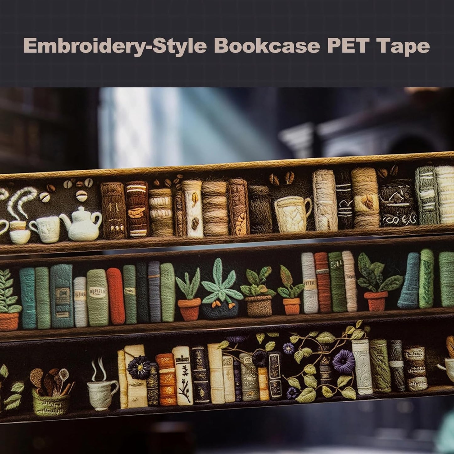 Magician’s Bookcase PET Tapes – 6 Rolls of Fantasy Embroidery-Style Bookcase Designs with Clip, for Scrapbook, Journal, Junk Journal, Planner and DIY Decor