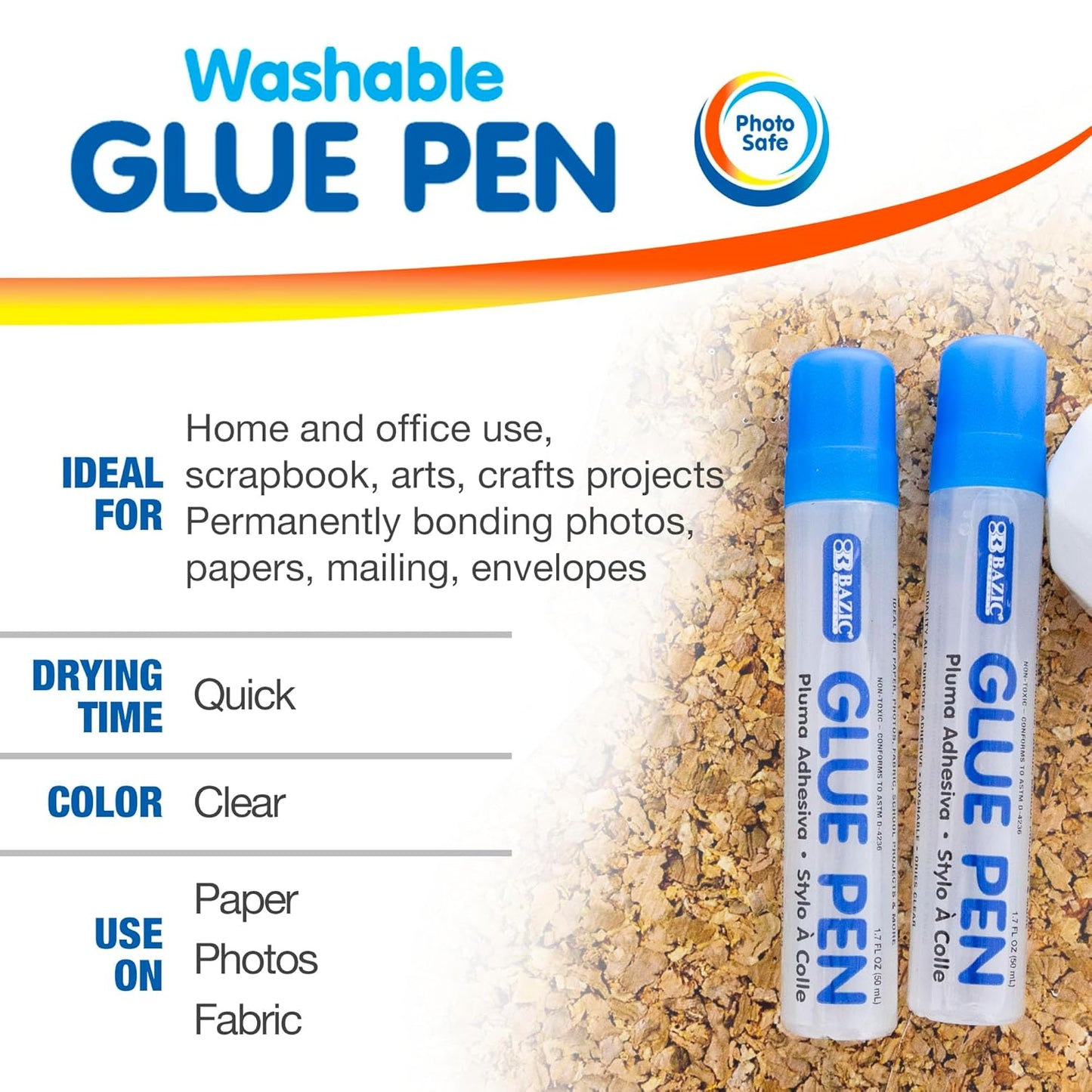 BAZIC Products Washable Glue Pen 1.7 Oz. (50 mL), Liquid Clear Glues Bond Adhesive for Art Crafts Project at School Home Office (2/Pack), 2-Pack