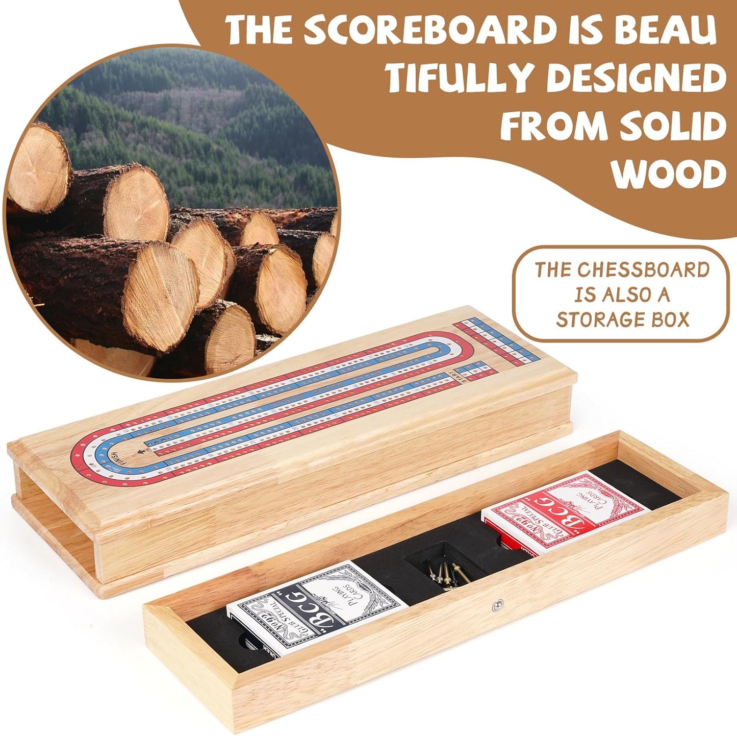 Wooden Cribbage Board Game Set with Storage Drawer & Metal Pegs – Premium 3-Track Cribbage Board with Cards, Portable Travel Strategy Game for Adults, Kids & Family Game Night