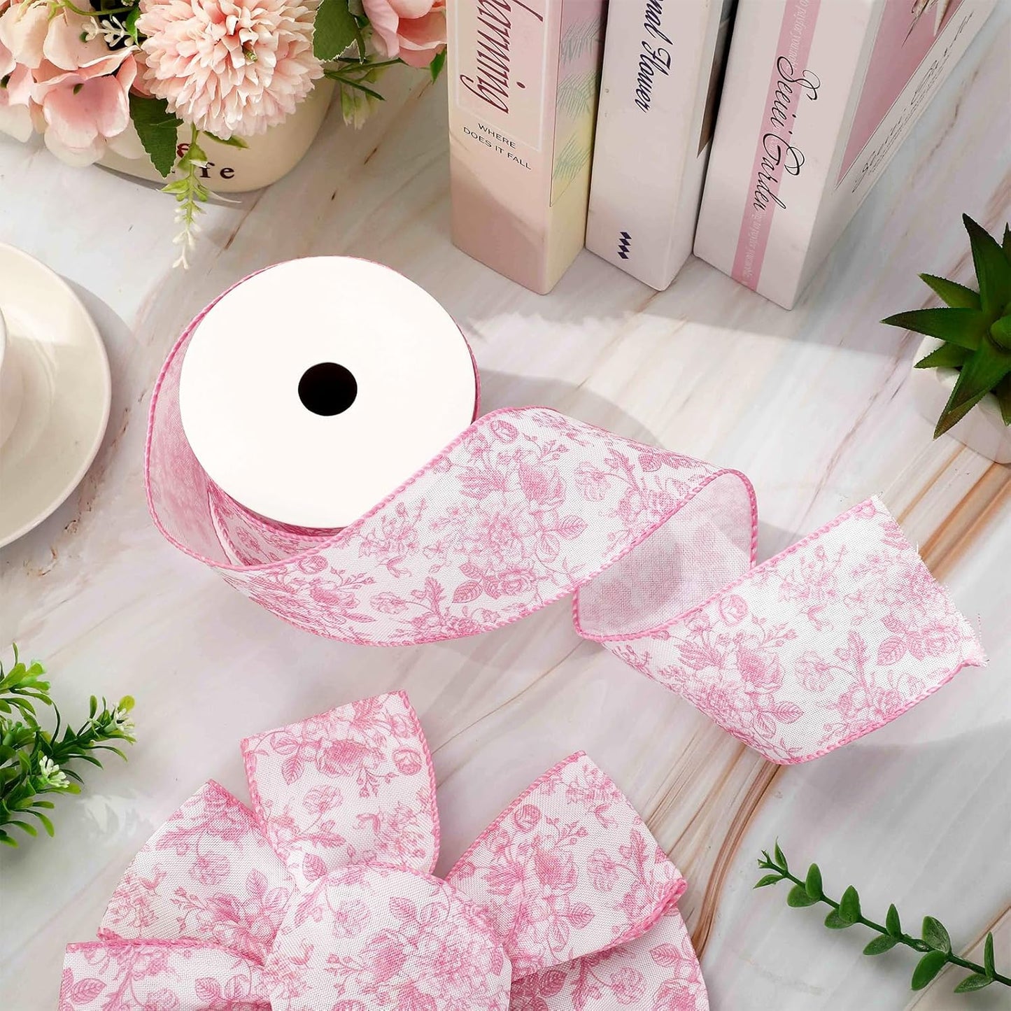 AnyDesign Floral Wired Edge Ribbon Roll Pink Flower Ribbon Chinoiserie Fabric Ribbon for Wreath Bow Making DIY Crafts Gift Wrapping, 12 Yard
