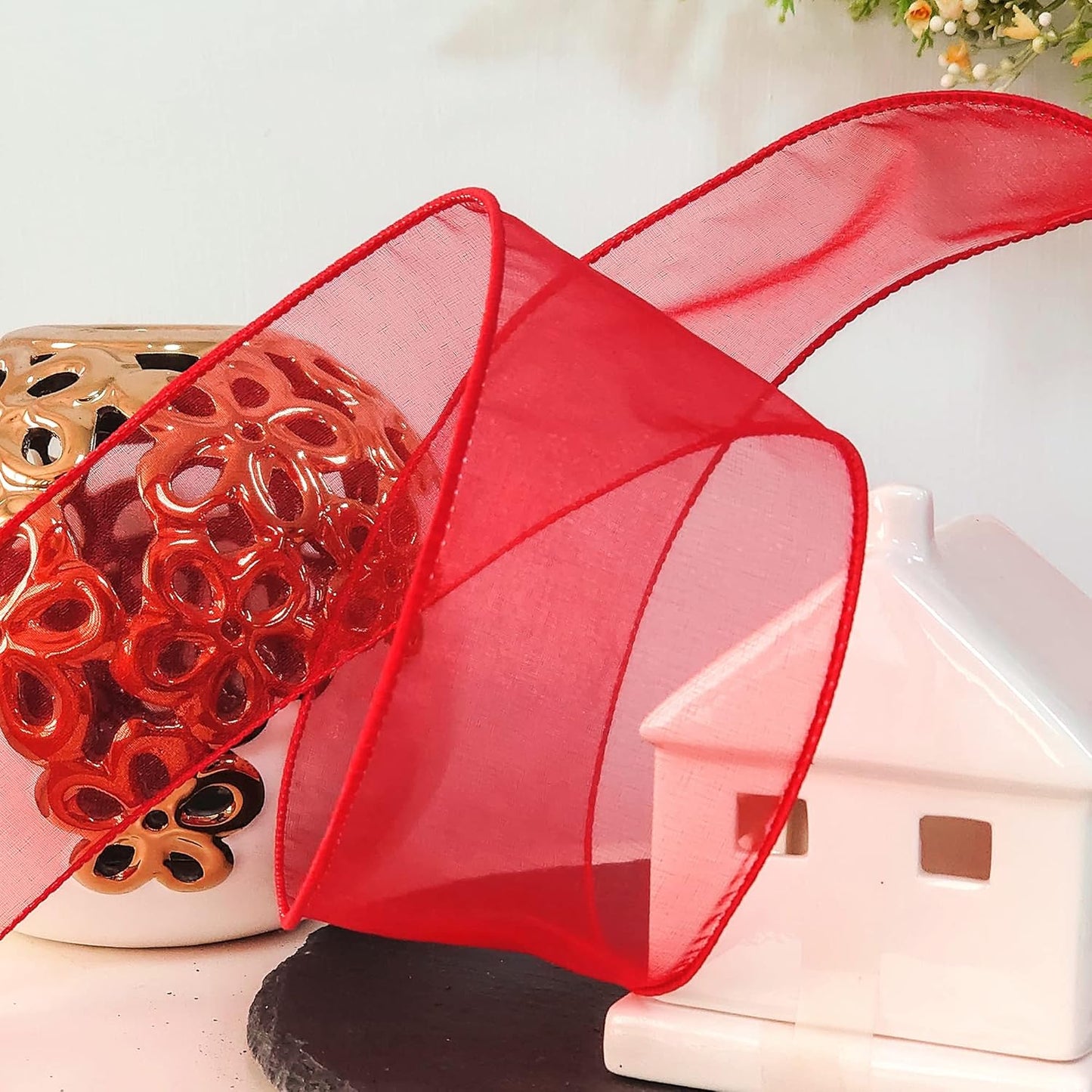 CT CRAFT LLC Sheer Organza Wired Ribbon 2.5" x 50Yards Red for Wedding Chair Bow Flora Bouquet Gift Wrapping Christmas Tree Home Decor Wreath