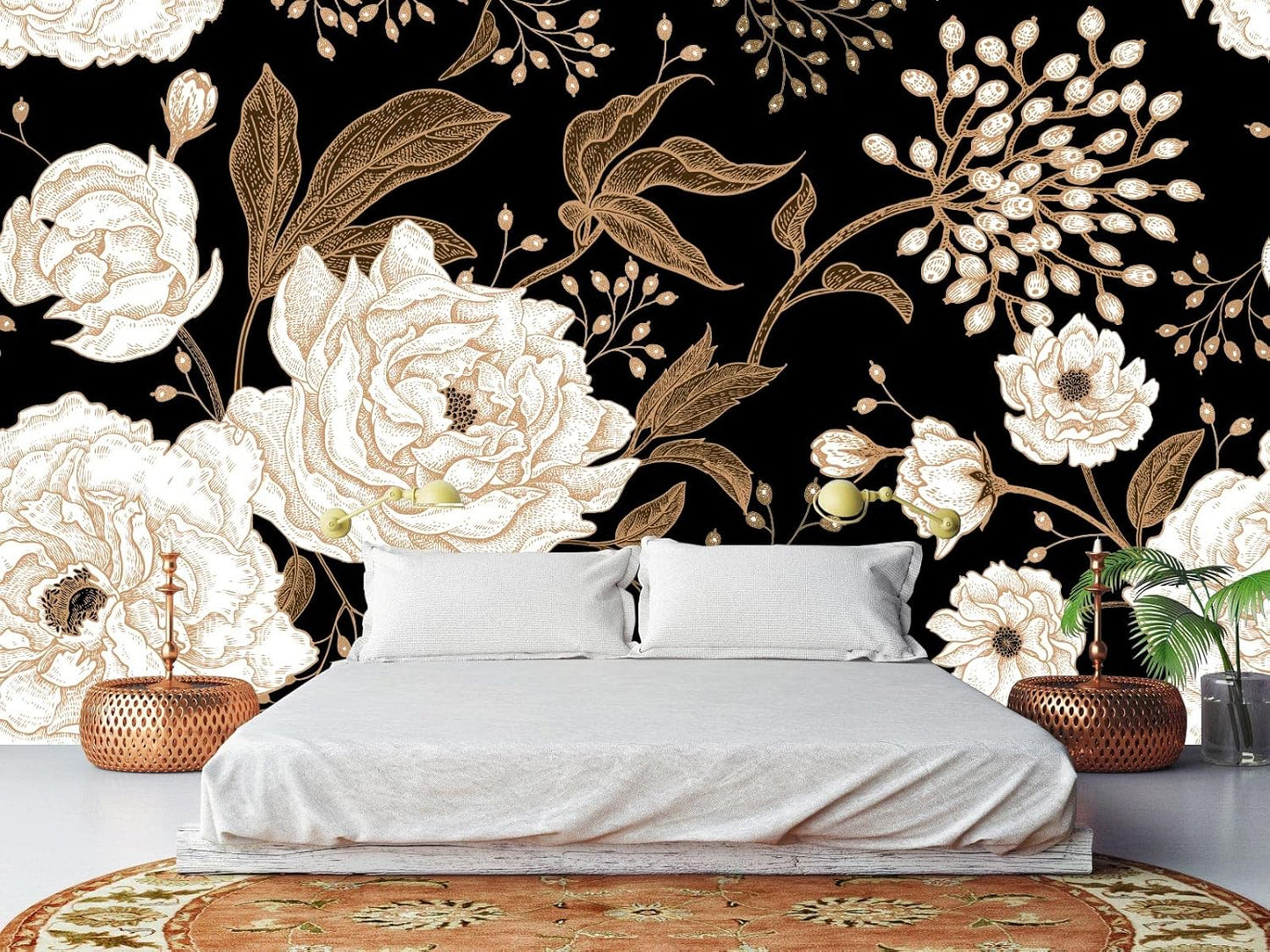 Wall Mural Peonies and Roses Floral Vintage Wallpaper Seamless Gold White Flowers Wall Coverings for Living Room Bedroom Kids Room（Not Peel and Stick）