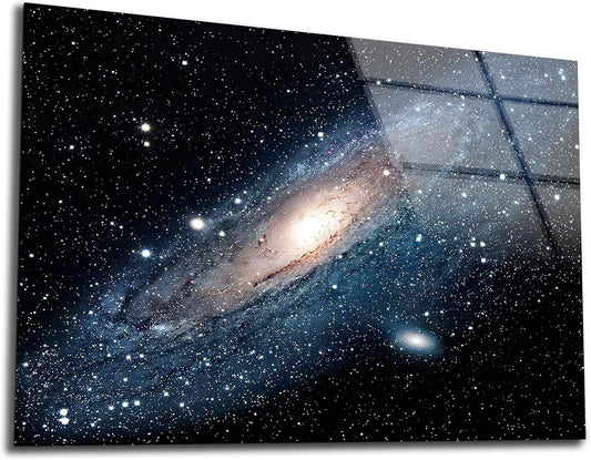 SpiritualHands Andromeda Space Galaxy Glass Wall Art Painting for Living Room, Tempered Glass Modern Prints Decor, Large Vivid Color Panel for Bedroom, Kitchen, or Office