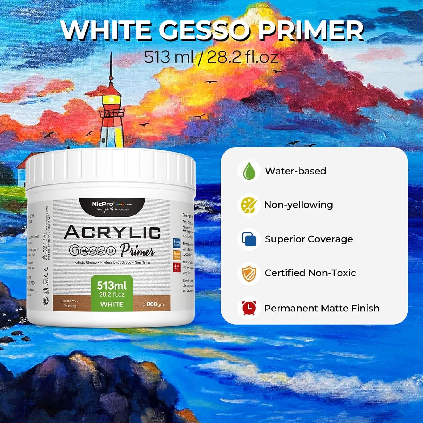 Nicpro White Gesso Primer for Acrylic Painting(28.2 Oz / 513ML), Excellent Coverage, Gesso Surface Prep Medium for Acrylic Paint & Oil Paint, Heavy Gesso Primer for Canvas, Wood, Paper, Plastic