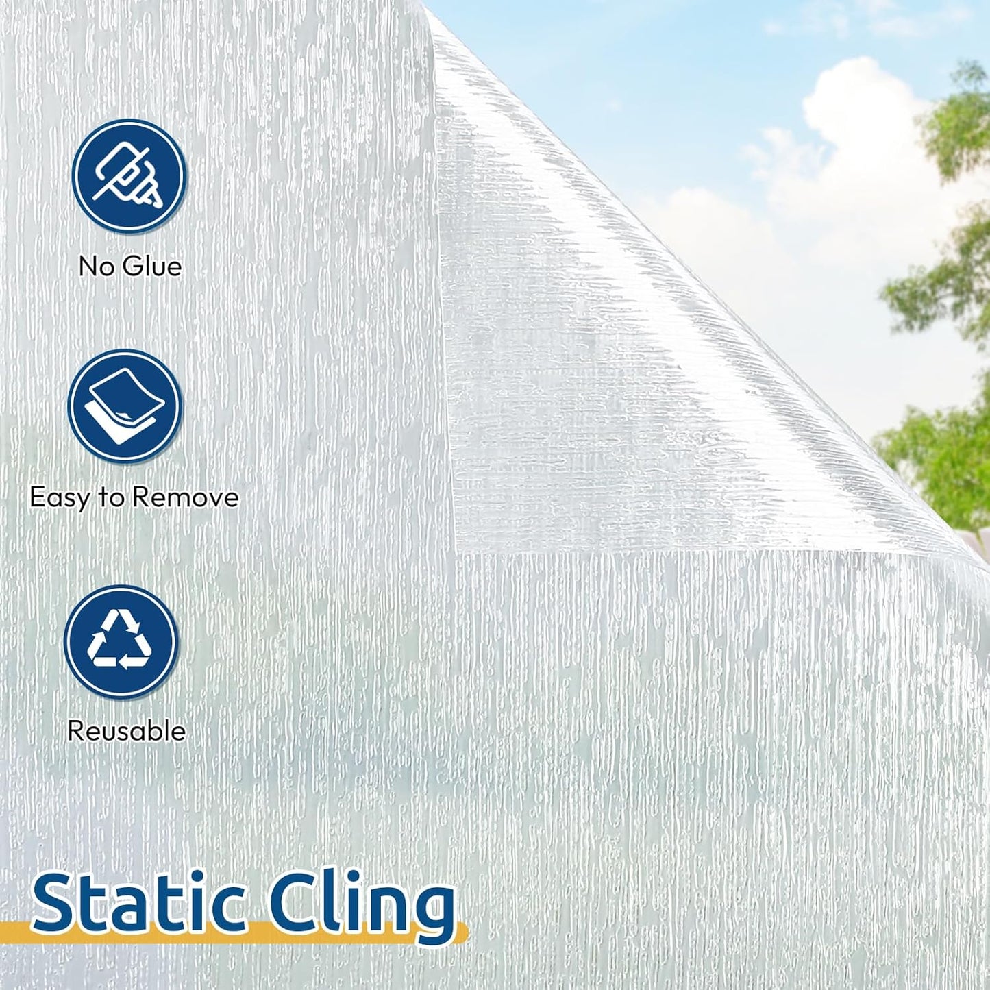 rabbitgoo Window Privacy Film Frosted Glass Clings, Decorative Sun UV Blocking Static Cling Window Covering, Removable Frosting Sticker for Home, Rain Silk, 35.4 x 157.4 Inches