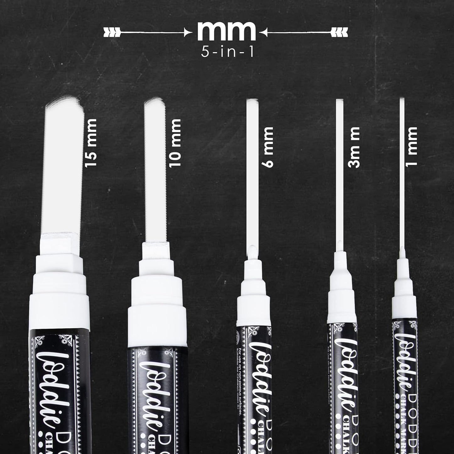 Loddie Doddie Erasable White Chalk Markers for Signs, Blackboard, Glass - Ultra Fine, Medium, Broad Tips (1mm, 3mm, 6mm, 10mm, 15mm) - Liquid Chalk Markers - Pack of 5