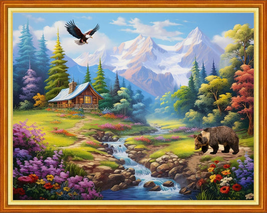 Dooxvey Cross Stitch Kits for Adults, 16x20 inch Forest Landscape, 11CT Pre Printed Cotton Fabric, Embroidery Thread, Needles, Easy Instructions