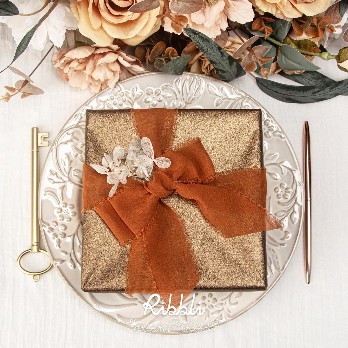 Ribbli Terracotta Chiffon Ribbon 1-1/2 inch x 20 Yard Handmade Fringe Chiffon Silk Ribbon,Black Ribbon for Wedding Invitations, Bridal Bouquets Wrapping, Flower Arrangement Decoration