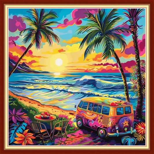 Joyhoor Stamped Cross Stitch Kits for Beginners, Needlepoint Kits for Adults, 11CT Counted Embroidery Kits-Drinking Tea by Seaside 18x18 inchs