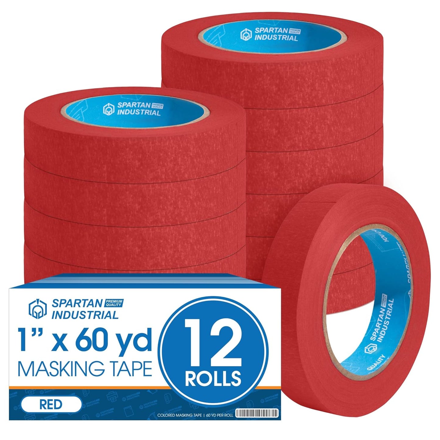 Spartan Industrial - 1" X 60 yd Red Masking Tape - 12 Colored Tape Rolls for Bundling, Labeling, and More - No Residue, 5.5 Mil