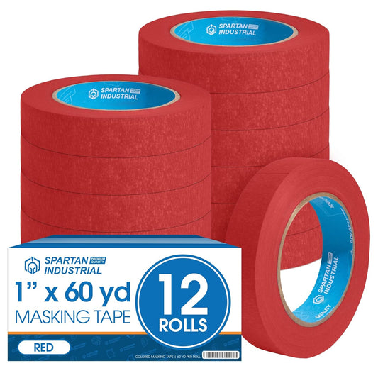 Spartan Industrial - 1" X 60 yd Red Masking Tape - 12 Colored Tape Rolls for Bundling, Labeling, and More - No Residue, 5.5 Mil