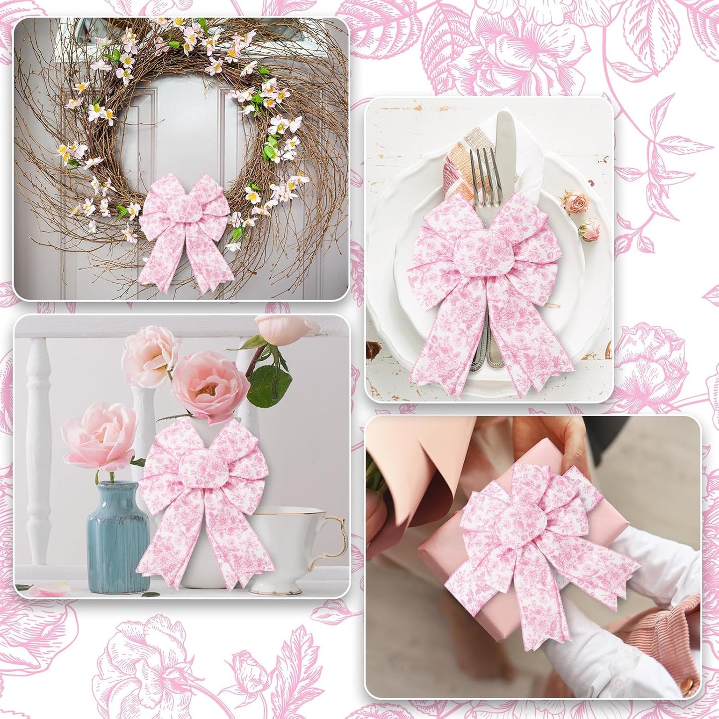 AnyDesign Floral Wired Edge Ribbon Roll Pink Flower Ribbon Chinoiserie Fabric Ribbon for Wreath Bow Making DIY Crafts Gift Wrapping, 12 Yard