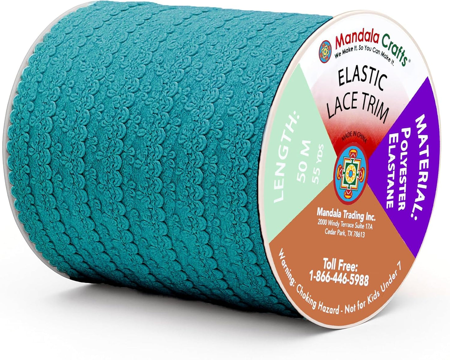 Mandala Crafts Teal Stretch Lace Soft Elastic Trim Roll - 55 Yards 1 Inch Wide Stretchy Frilly Picot Ribbon for Sewing Lingerie, Headbands, Underwear, and Crafts