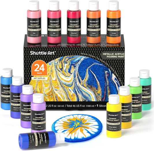 24 Pack Metallic Acrylic Pouring Paint, Shuttle Art 23 Metallic Colors Ready-to-pour Acrylic Paint with 1 Silicon Oil, 60ml/2oz Each, Rich Pigment, High Flow Pouring Paint Set for Canvas, Rock, Ceramic, Wood