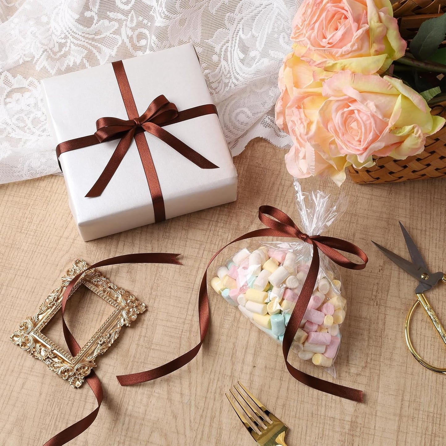 LaRibbons Brown Satin Ribbon 3/8 Inch 50 Yards Thin Luxury Double Faced Firar Brown Silk Ribbon for Flower Bouquet Crafts Gift Wrapping Wedding Christmas Decoration