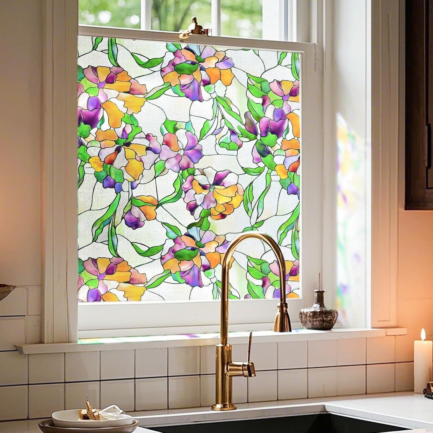3D Stained Glass Window Film, Decorative Window Privacy Film for Bathroom,Front Door,Home, Sun Blocking Heat Control,Static Cling, Viola Tricolor 23.6inch x 35.4inch