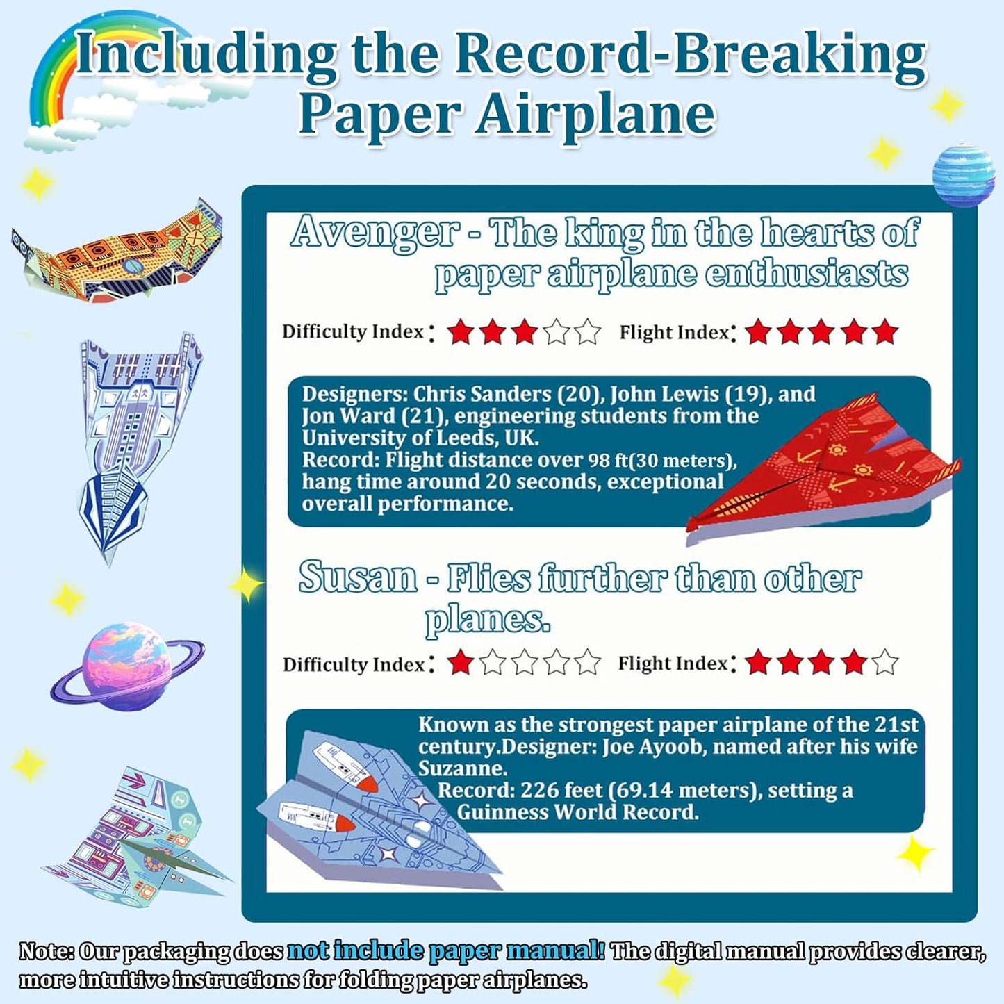 Paper Airplane Kits with 16 Classic Designs, 32 Sheets of Colorful Origami Paper, World Record Paper Planes, Airplane Gifts for Boys and Girls Ages 6-12+ (Digital Manual Only, Fun and Easy to Fold)