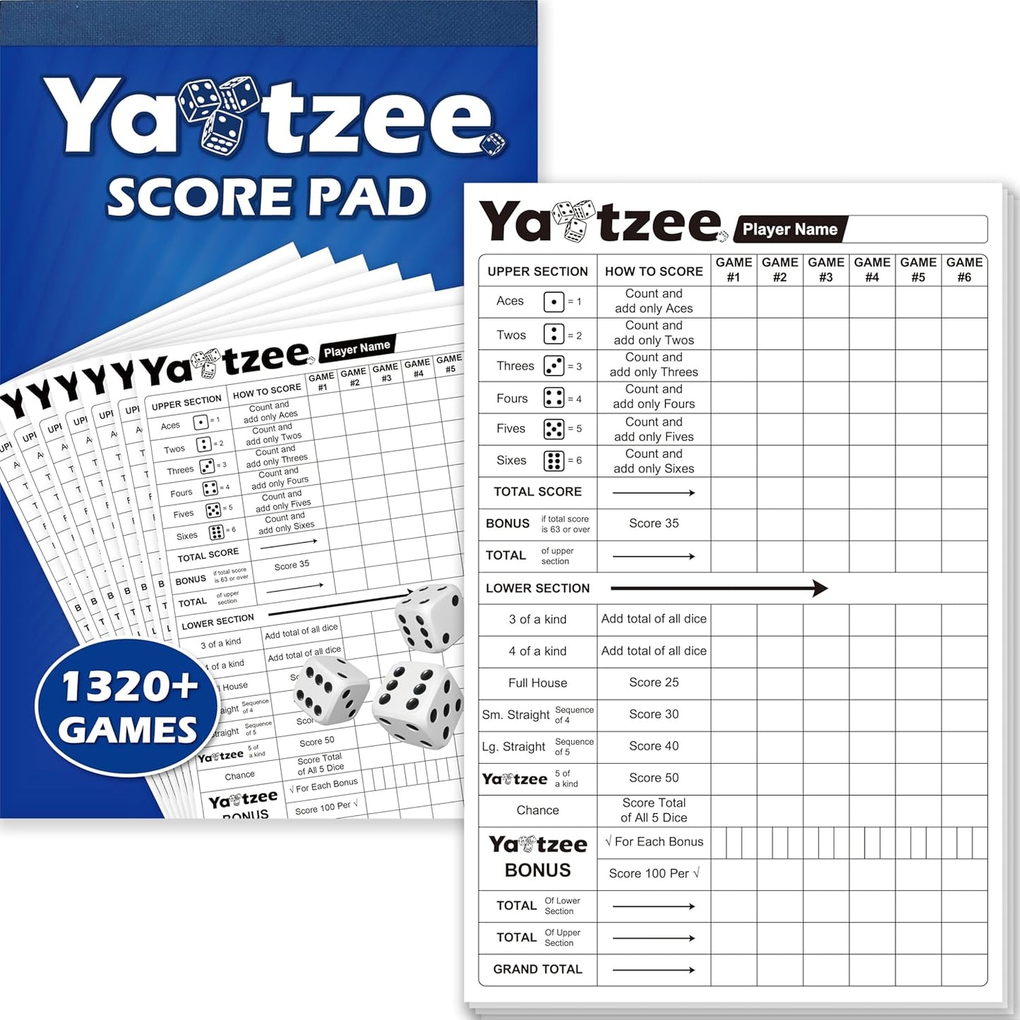 Gethelud 110 Sheets Score Pad for Yahtzee, 220 Tear-Off Pages Score Pad Large Print Score Keeper, Compatible for Yahtzee and Yardzee (6” x 9”)