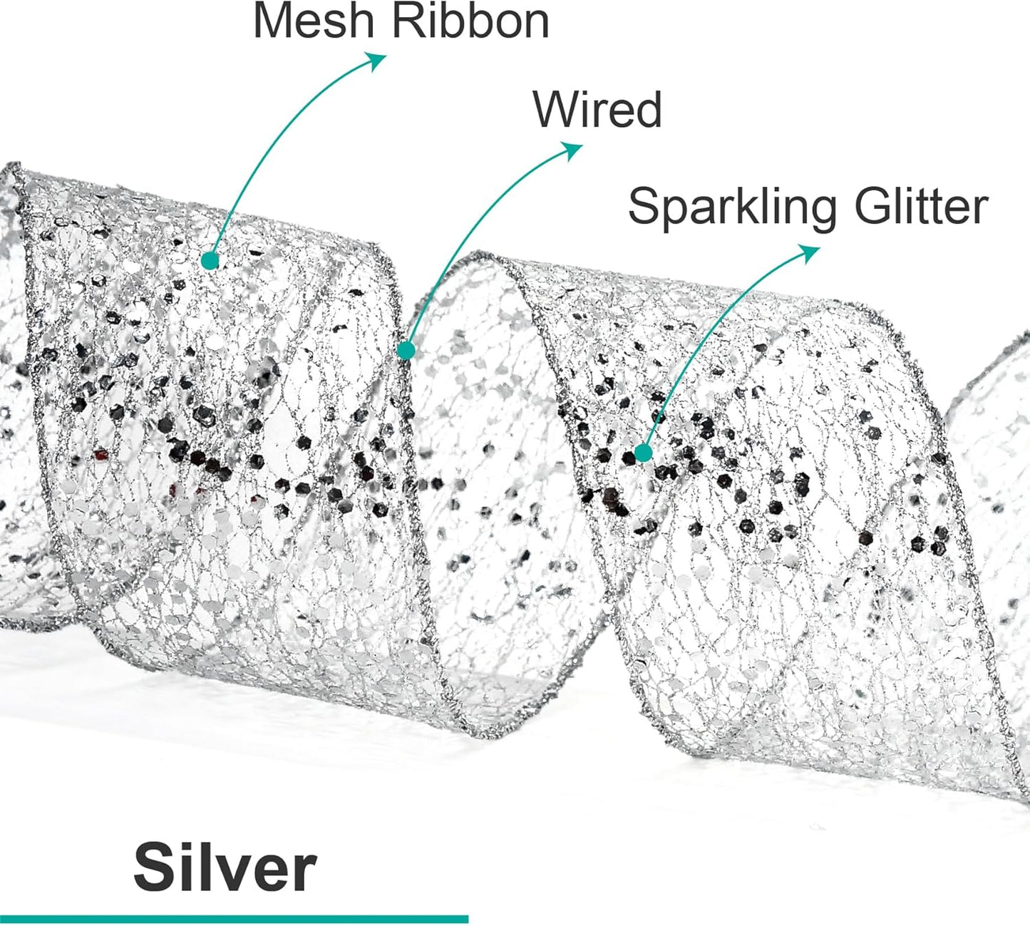 CT CRAFT LLC Sparkling Glitter Mesh Wired Ribbon 2.5" x 20 Yards Silver for Christmas Home Decor Bow Gift Wrapping DIY Crafts Wreath