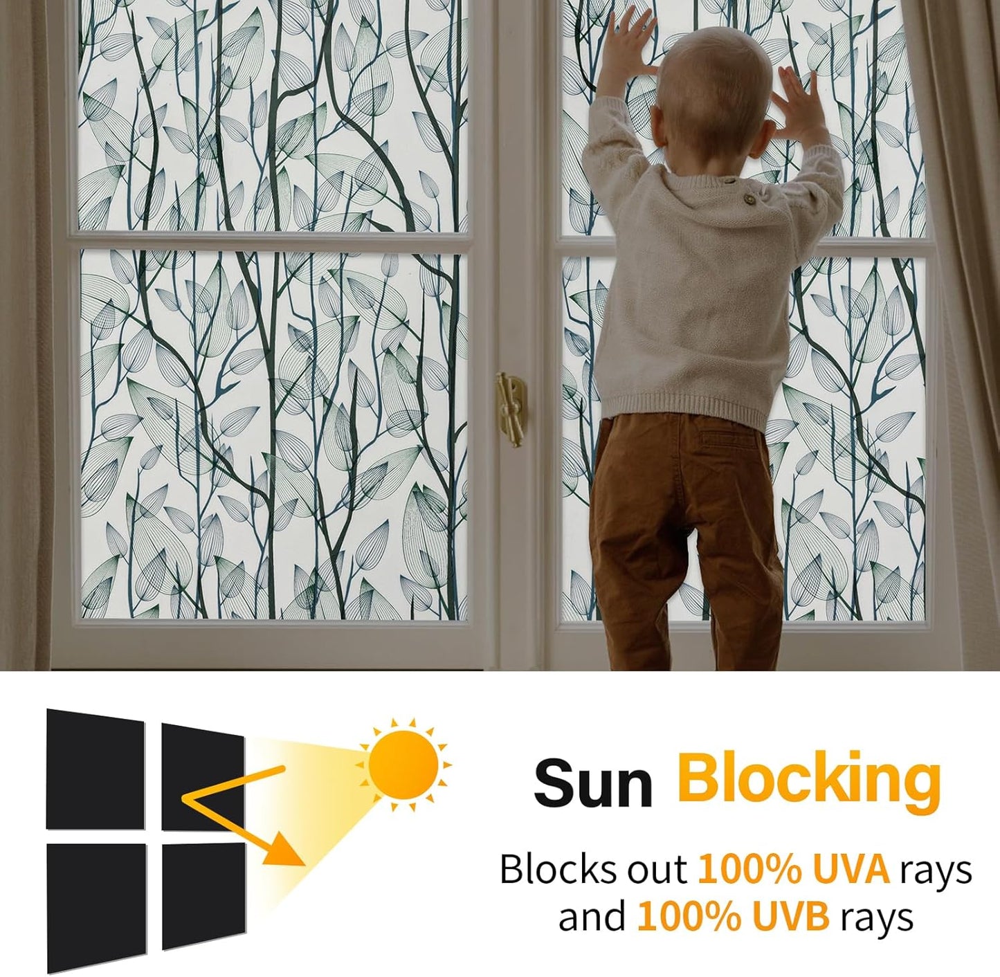Leaf Pattern Window Tint with Installation Tools, Blackout Window Cover, Sun Blocking Window Tint for Home (Full Blackout Opaque, 35.4'' x 78.7'')