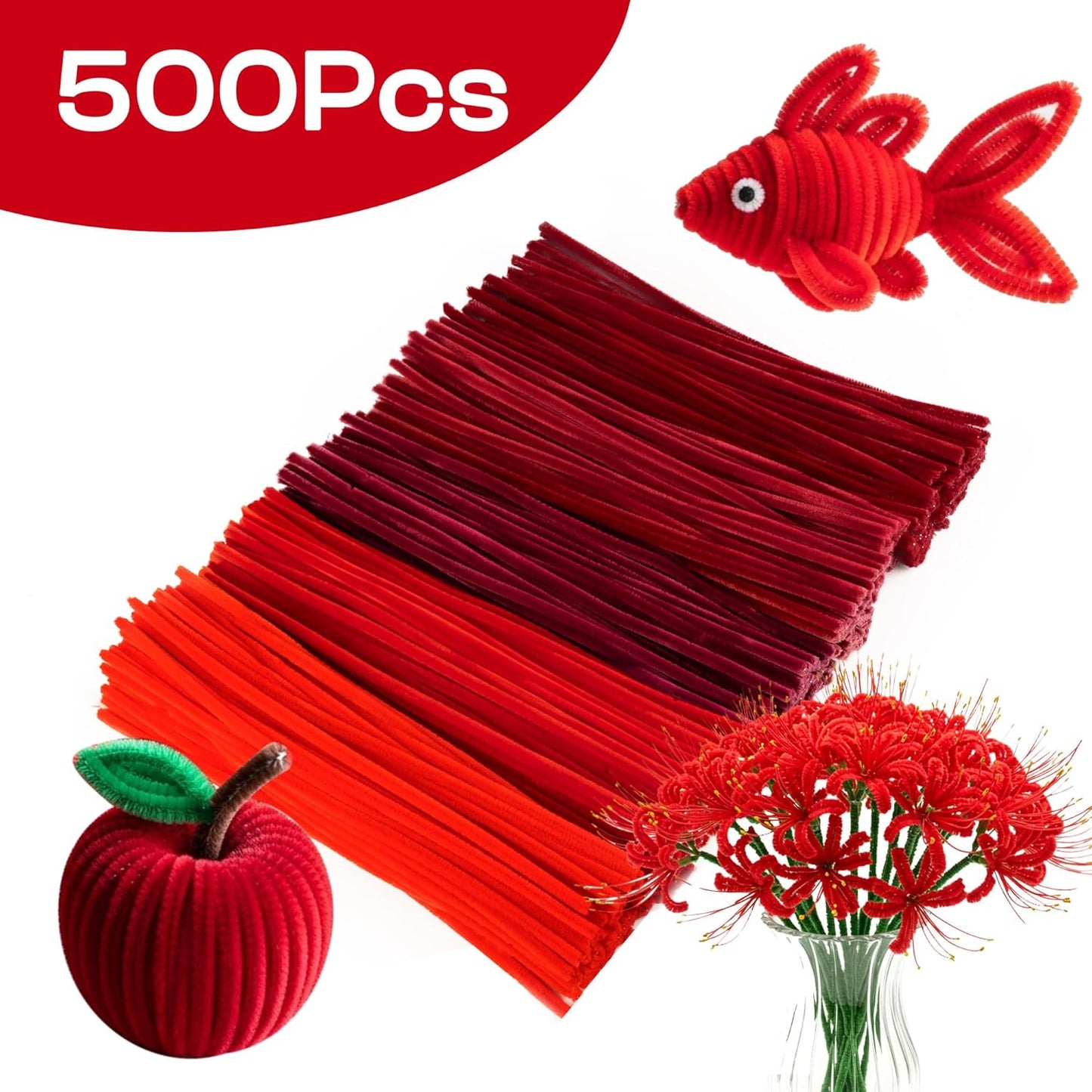 Caydo 500 Pieces Red Pipe Cleaners, Chenille Stems, Pipe Cleaner Crafts for DIY Art and Craft Projects Creative Gift Party Decorations