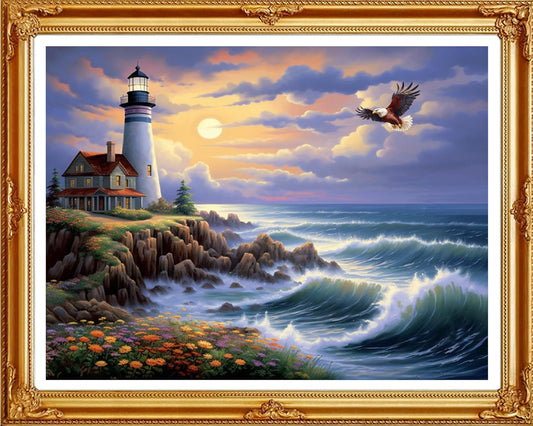 Redxing Stamped Cross Stitch Kits Full Range of Embroidery Starter Kits- Needlepoint Counted Cross Stitch Kits for Beginner Adults 11CT Printed Embroidery Kit-Seaside Lighthouse 16x20 inch