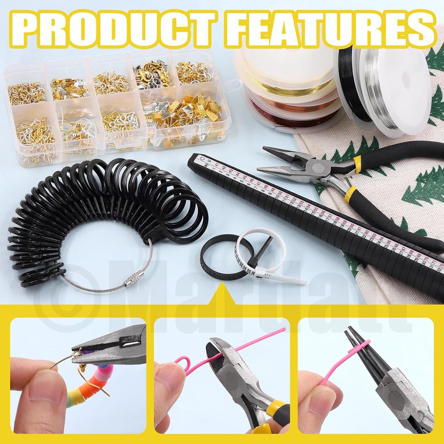 Mardatt 957Pcs Jewelry Making Supplies Kit - Includes Pliers, Ring Sizer, Wires, Opener & Other Findings for Jewelry Making & Repair