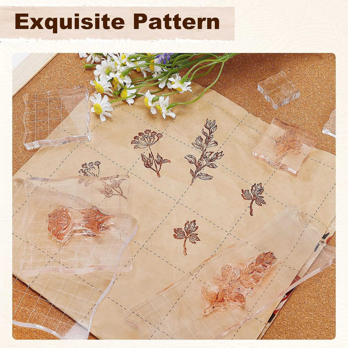 UCEC 4 Sheets Clear Stamps Set for Card Making and 2 Pcs Acrylic Stamp Block, Vintage Plants and Flowers Rubber Silicone Stamps, Small Clear Stamps for Crafts Decoration and DIY Scrapbooking