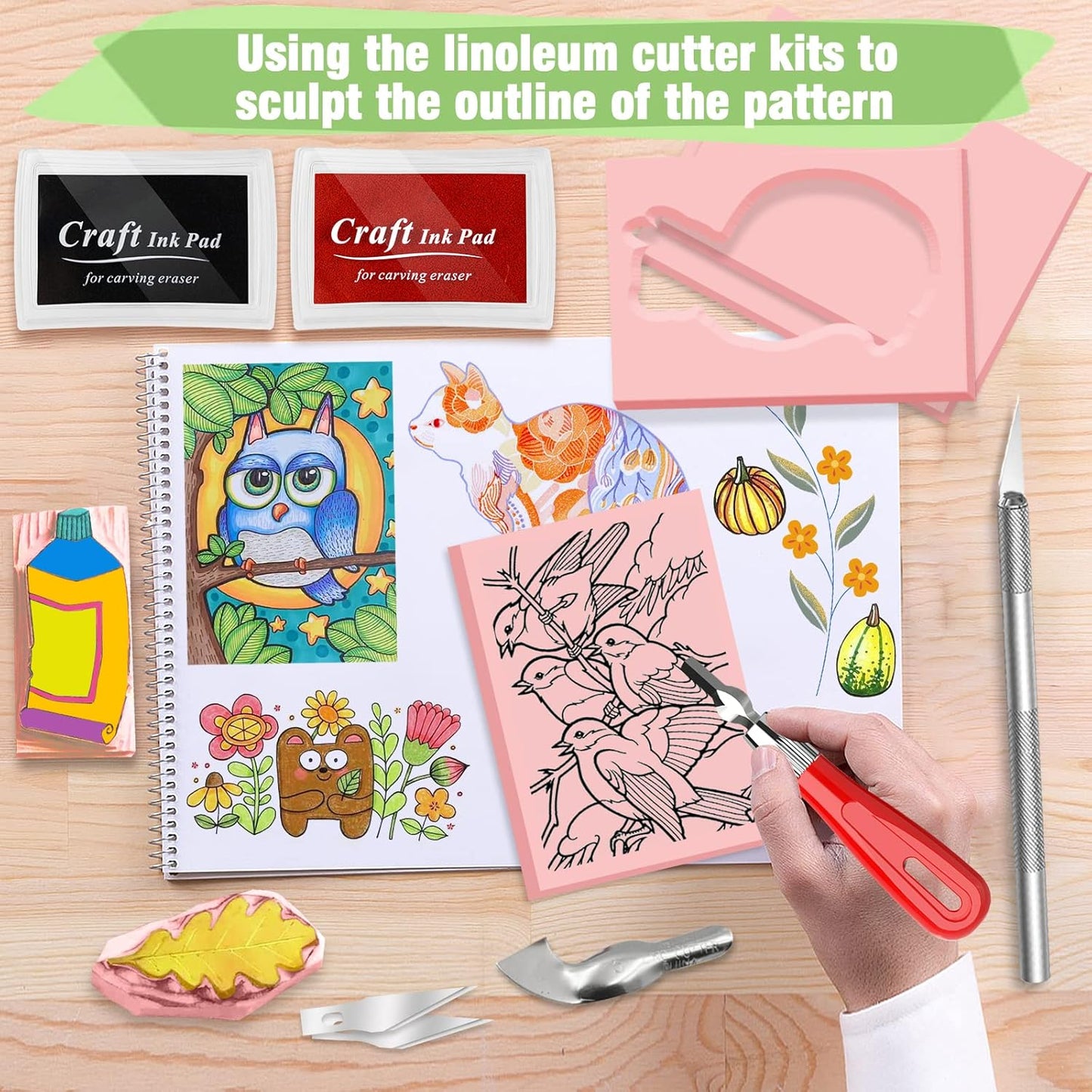 WAYCOM 10-Pack Linoleum Blocks for Printmaking with Cutter Tools, Rubber Stamp Making Kit Rubber Block Stamp Carving Blocks Craft Ink Pad Hobby Knife Pencil for DIY Printmaking,Printing and More