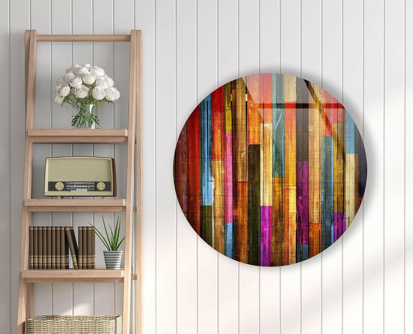 My Photostation.com 10''(25cm) Diameter Colorful Wood Pattern Round Glass Wall Art Tempered Glass Printing Wall Decor Large Wall Art Wall Hangings