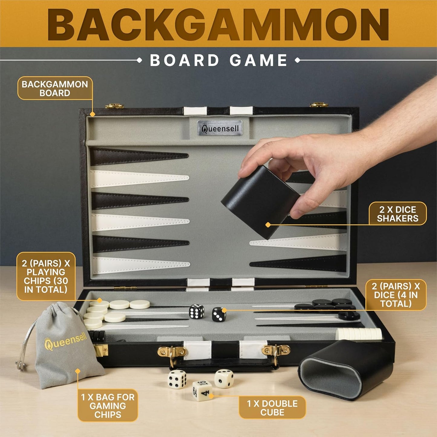 Backgammon Sets for Adults – 15-Inch Black PU Leather Board Game Set – Classic 2-Player Travel Backgammon Set with 32 Playing Pieces, Dice, and Cups