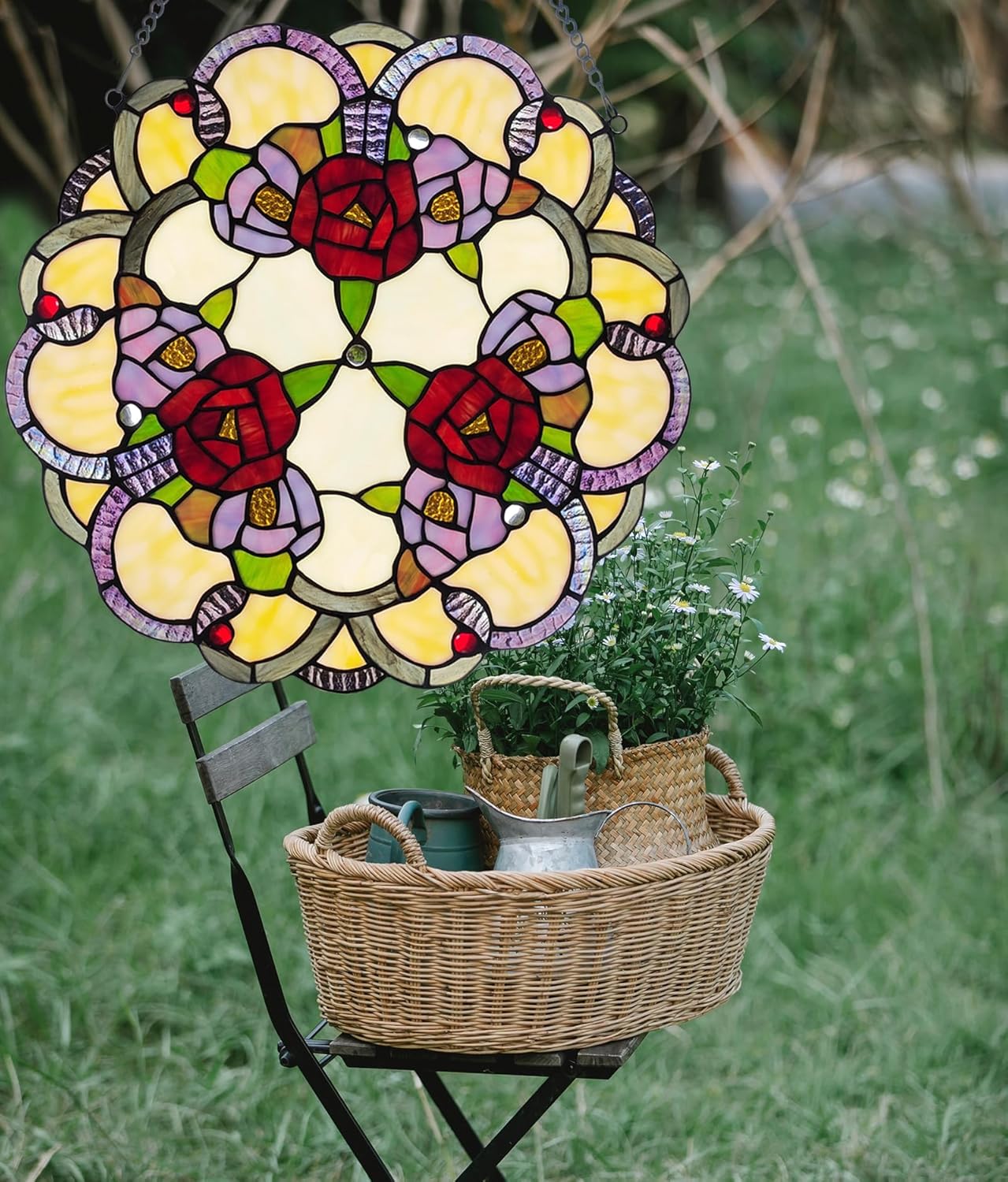 PA0001 Rose Flowers Stained Glass Window Panel W 16" x H 16" Window Suncatcher Tiffany Style Ornament, Home Hanging Decorations