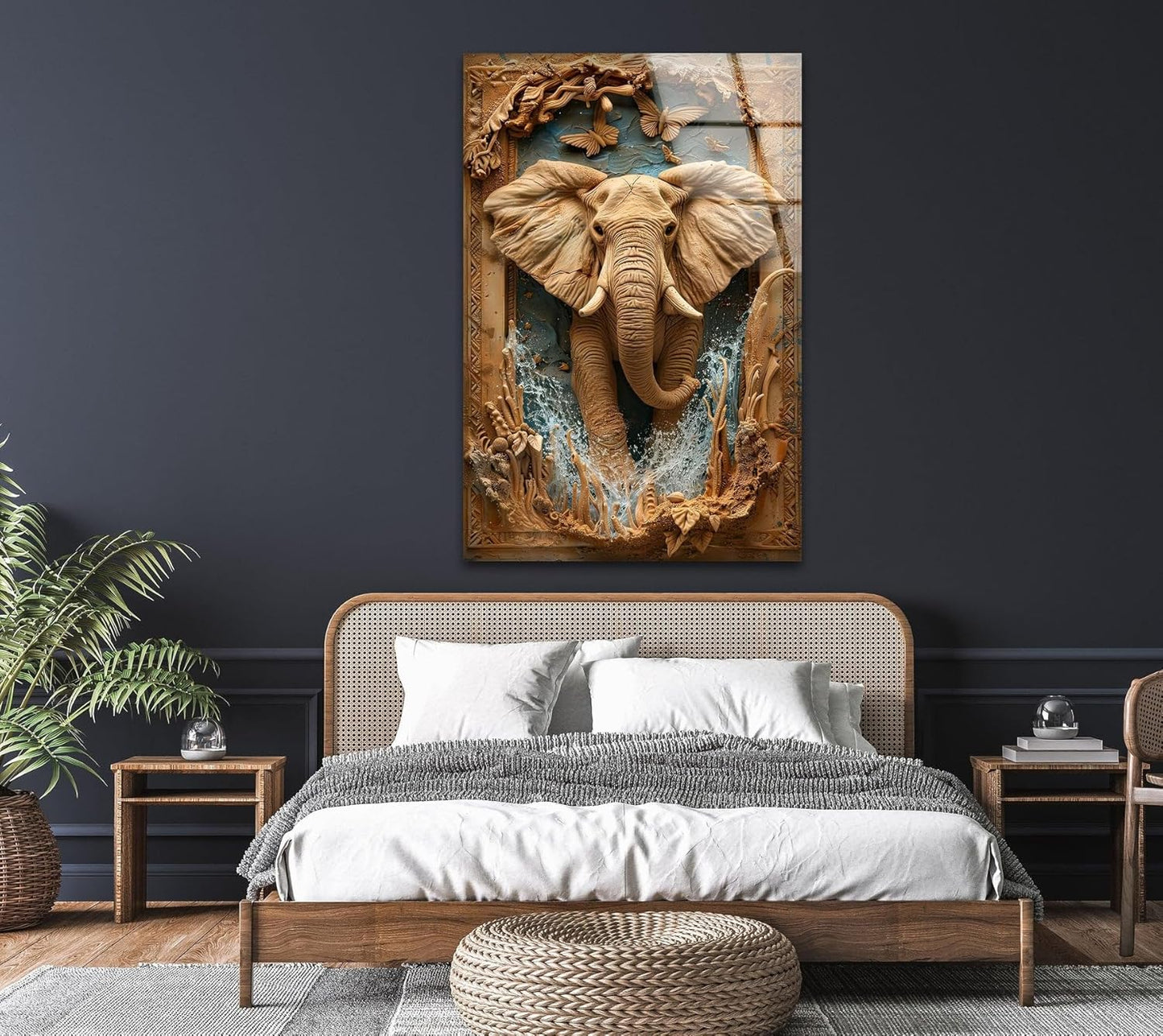 My Photostation.com 14Wx20H'' Elephant Carving Glass Wall Art Tempered Glass Printing Wall Decor Large Wall Art Wall Hangings