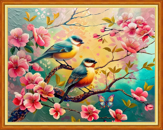 Stamped Cross Stitch Kits - Beach Night Landscape Counted Cross Stitch Kits for Beginners Adults Needlepoint Cross-Stitch Patterns-Little Bird Pink Peach Blossom 16x20 inchs