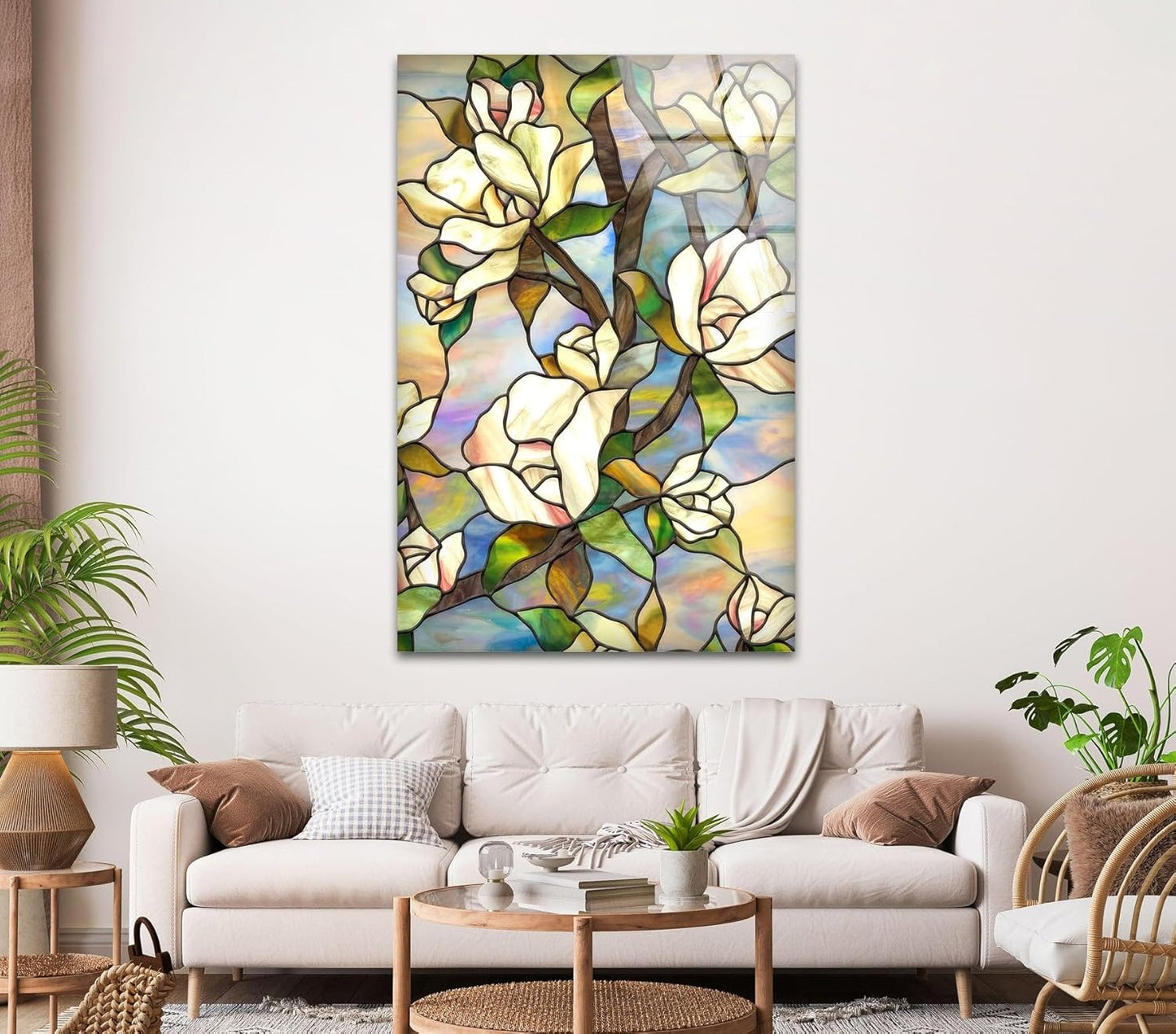 My Photostation.com 40WX60H'' Stained Magnolia Glass Wall Art Tempered Glass Printing Wall Decor Large Wall Art Wall Hangings
