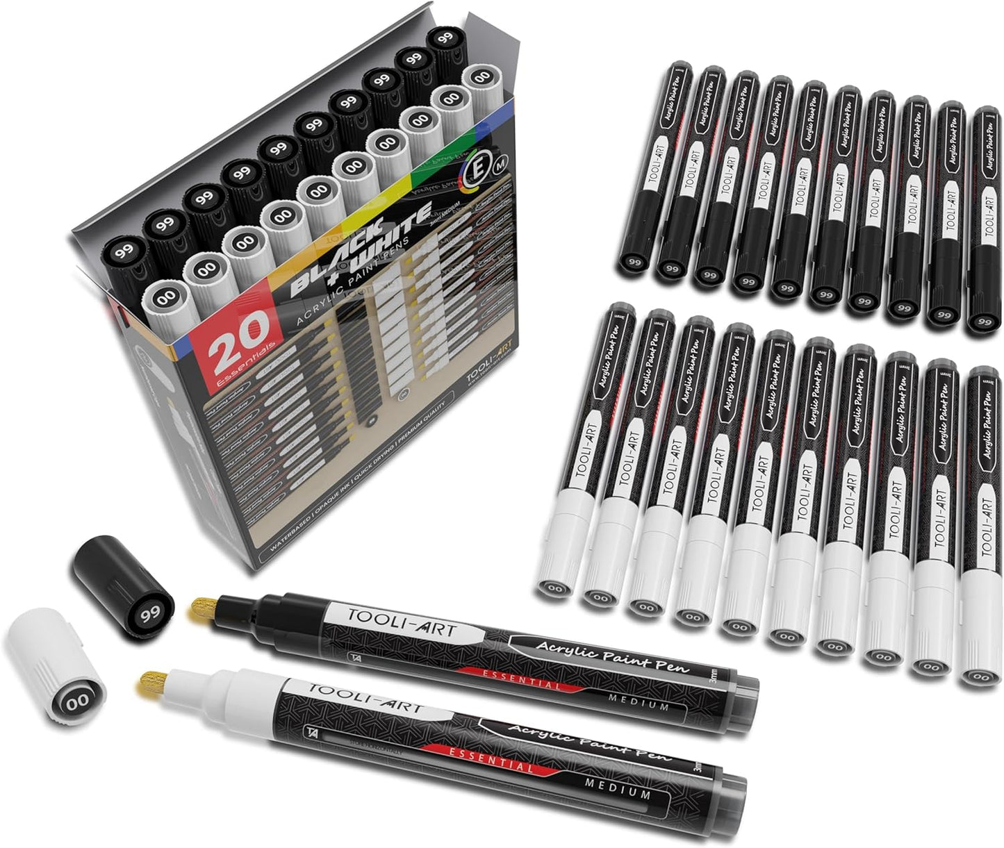 TOOLI-ART Black And White Acrylic Paint Markers Paint Pens Set For Rock Painting, Canvas, Mugs, Metal, Glass Paint, Fabric, Wood, DIY. Non Toxic, Quick Dry,Waterbas (MEDIUM)