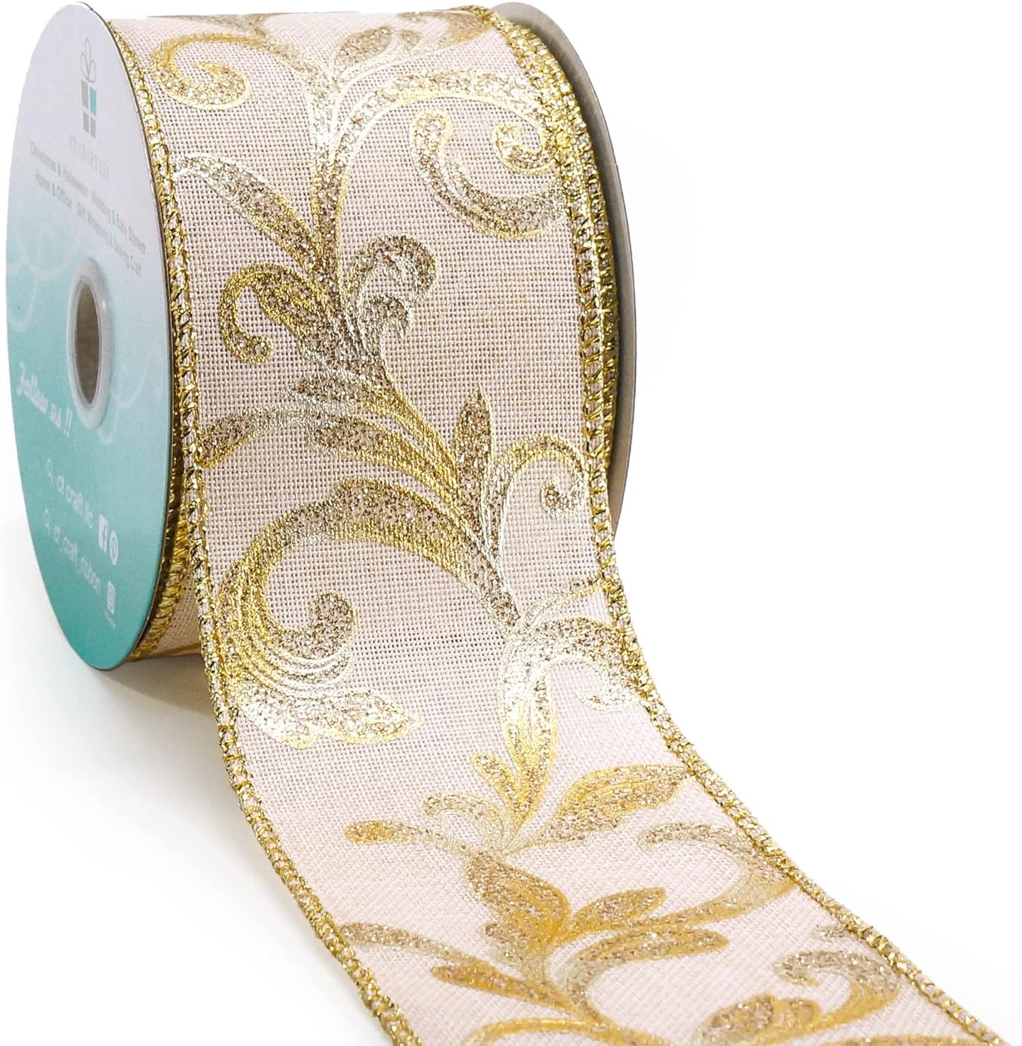 CT CRAFT LLC Tan Burlap Gold Swirl Wired Ribbon 2.5 Inch x 10 Yards for Christmas Home Decor Tree Topper Bow Gift Wrapping DIY Crafts Wreath Garland