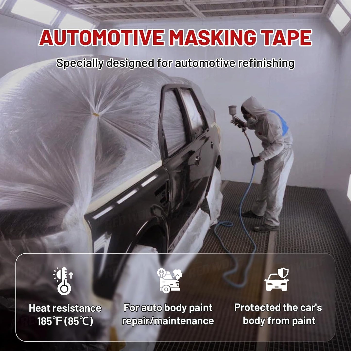 RED WOLF 0.94" x 60 Yards Masking Tape 3 Pack, General Purpose for Painting Arts Crafts Label Car Painting, Sharp Paint Line No Residue Painters Tape White Beige Crepe Paper Tape Heat Resistance