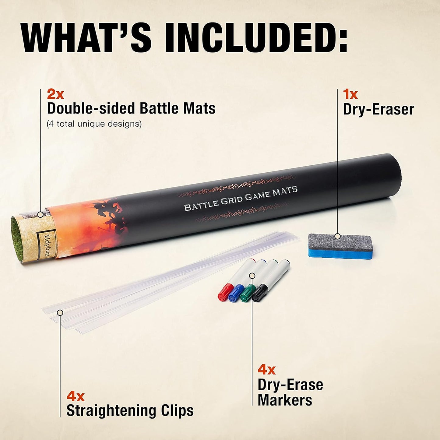 TIDYBOSS d&d Starter Set | 2 X Double Sides 4 Terrains 24x 36 Game Grid Mat | DND Accessories Includes Dry Erase Markers, Eraser and Clips