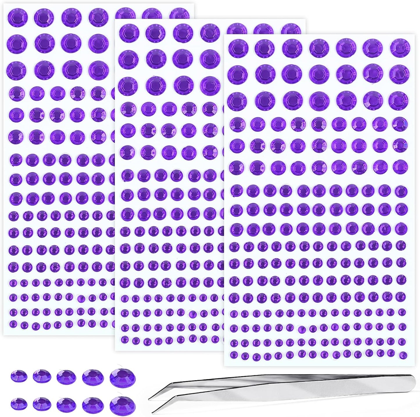 Self Adhesive Face Gems and Pearls for Makeup, Festival Jewels, Hair Gems Pearls, 3/4/5/6/8 mm Round Rhinestone Stickers for Face, Eye, Makeup, Body, Crafts 591Pcs (16_Dark Purple)