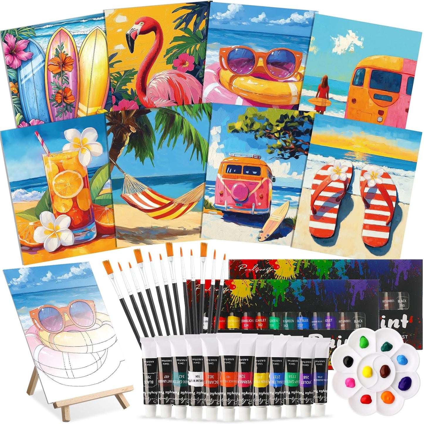 Cholemy 36 Pcs Paint and Sip Kit for Adults 8''x10'' Pre Drawn Canvas for Painting DIY Afro Acrylic Painting Kit Wood Easel Brushes Date Night Bulk for Christmas Party Gifts(Hawaii)