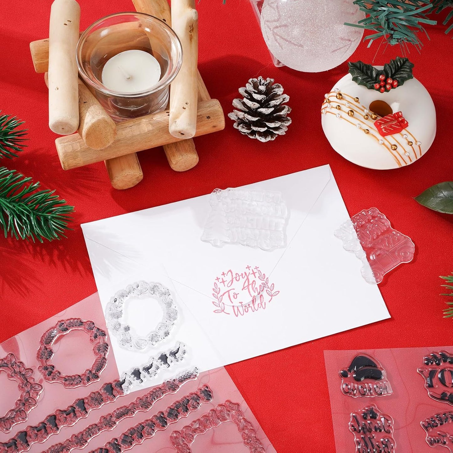 Whaline 5 Sheet Christmas Clear Stamps Wreath Snowman Gnome Silicone Transparent Stamps Greeting Words Border Stamp Cards for DIY Craft Card Making Scrapbooking Embossing Album Decor