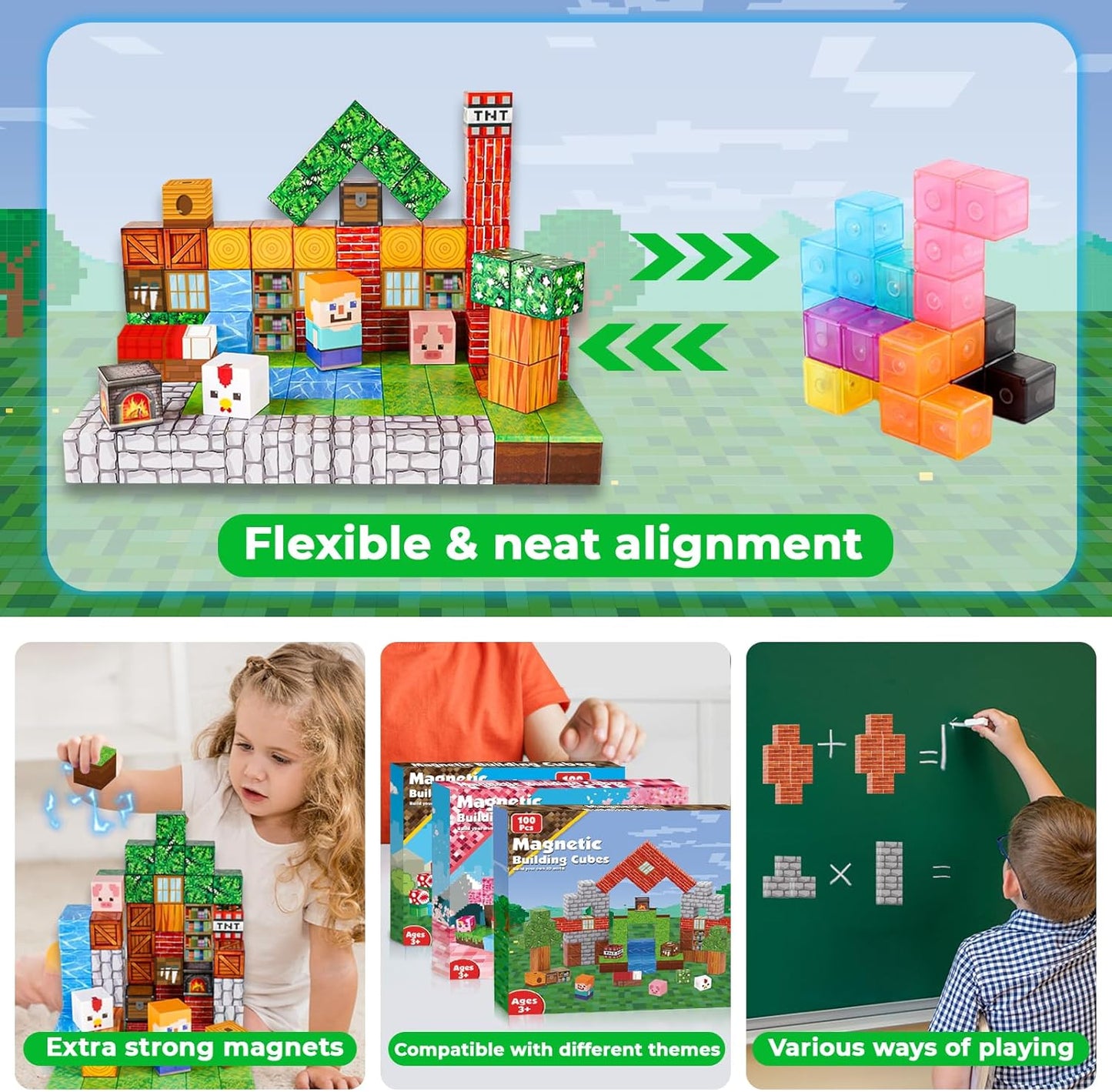 Magnetic Blocks-100PCS Grassland Building Blocks Set, Kids Classroom Sensory Toy, STEM Learning, Construction Stacking Toy for Kids 3+ Boys & Girls