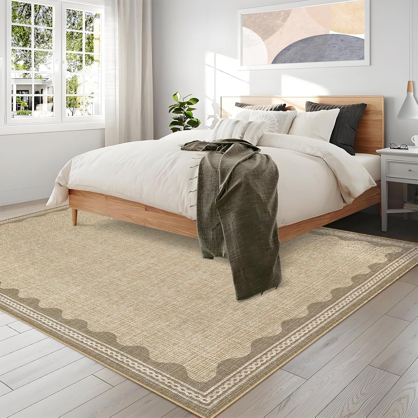 Scalloped Washable Rug 8x10 Area Rugs for Living Room, Solid Jute Rug for Bedroom Girls, Non Slip Scalloped Throw Rugs with Rubber Back, Soft Dorm Nursery 8x10 Carpet for Dining Room
