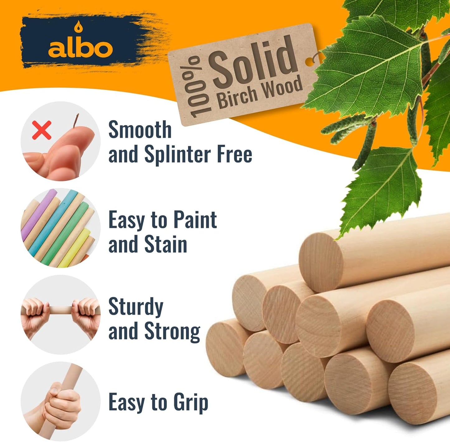 ALBO 1" x 48" Wooden Dowel Rods Set - 5 Pack Birch Natural Strong Long Craft Sticks Woodworking Furniture Garden Structures Hardwood Sanded Smooth Versatile Material Railings Supports
